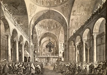 Fiesta veneciana, el recién elegido Dux de Venecia siendo presentado al pueblo en la Basílica de San Marcos, por Giovanni Antonio Canal, conocido como Canaletto (1697-1768) y Giovanni Battista Brustolon (1712-1796), grabado. Italia