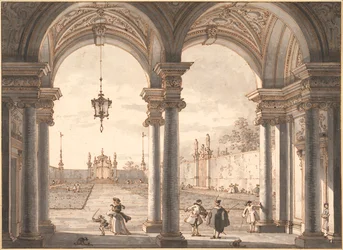 Vista a través de una columnata barroca hacia un jardín