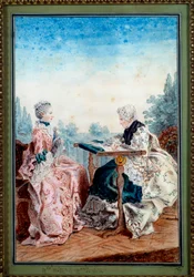 Mademoiselle Melin y Mademoiselle de Laleu haciendo tapicería
