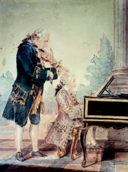 Wolfgang Amadeus Mozart (1756-1791) niño tocando el piano con su padre Leopold Acuarela de Louis Carrogis Carmontelle (1717-1806) 1777 París, Museo Carnavalet