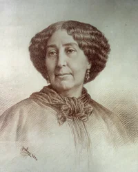 Retrato de la mujer de letras George Sand (1804-1876) Aurore Dupin, Baronesa Dudevant. Dibujo de Rene Jouhan (1835-?) de una fotografía de Nadar