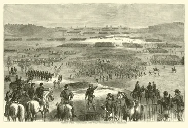 Posición del ejército confederado cuando se anunció la rendición, abril 1865 (grabado)