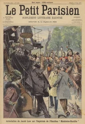 Detención de un hombre a bordo de un autobús en París tras disparar contra una tropa de caballería que pasaba (litografía en color)