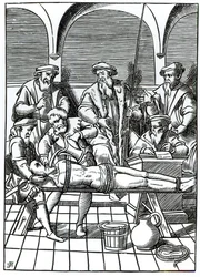 Tortura con agua, según una xilografía de "Praxis Rerum Criminalium" de Joos de Damhouder (1507-81) publicada en Amberes.