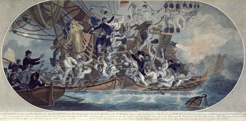 El abordaje y la captura del último barco de Su Majestad, el Hermione (ahora Retribution) el 25 de octubre de 1799, grabado por Roffe (grabado en color)