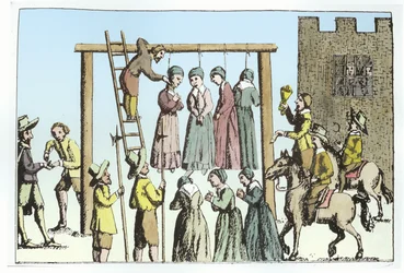 Una ejecución de brujas en Inglaterra (grabado) (coloración posterior)