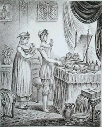 Progreso del tocador: los corsés, grabado por James Gillray (1757-1815) publicado por Hannah Humphrey en 1810