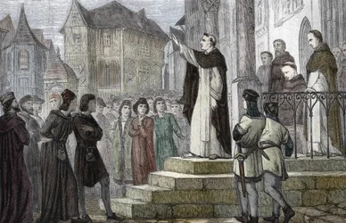 Representación de Alberto Magno (1193/1206-1280) enseñando en París, en la Universidad de París, en el primer convento dominico de la calle Saint Jacques (Colegio de los Jacobinos) bajo la autoridad de Gueric de Saint-Quentin) 1241-1245 (Retrato de Alberto