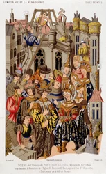 Escenario de la historia de Fort Roy de Clovis. Misterio del siglo XV que representa la fundación de la Iglesia de San Pedro y San Pablo, hoy Santa Genoveva. (Lienzo pintado de la ciudad de Reims.