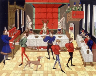 Servicio de mesa en una chatelaine - facsímil de una miniatura de la romana de Renaud de Montauban