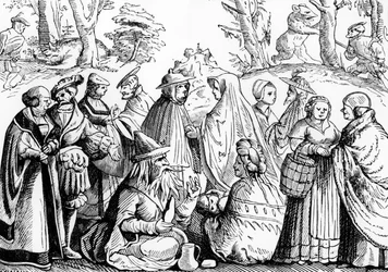 Gitanas leyendo la fortuna, según una xilografía de la 