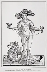 Mujer y loco haciéndole cosquillas en el pene con una flor, "Der Rarr und das Weib "", "Geschichte des Erotischen Kunst "de Edouard Fuchs, Berlín