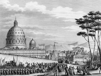 Revolución Francesa: Entrada triunfal de los franceses en Roma en Italia en febrero de 1798 liderada por el General Louis Alexandre Berthier quien invadió los estados pontificios y tomó la ciudad de Roma el 11 de febrero