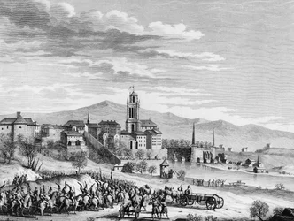 Guerra de la Revolución Francesa: Entrada triunfal de los franceses en Berna (Suiza) en marzo de 1798. Grabado de Berthaut después de Girardet. París, Biblioteca del Instituto de Historia de la Revolución