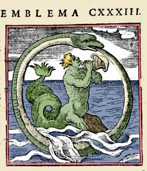 Un tritón y un ouroboros, ilustración "Emblemata" (Emblematum libellus) por Andrea Alciati