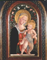 Madonna y el Niño, Niño de pie, sosteniendo un pájaro
