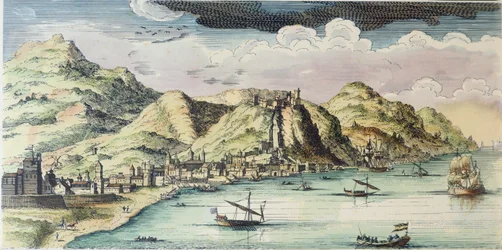 Vista de la ciudad de Málaga, España (grabado en color)