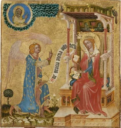 La Anunciación - Maestro de Hohenfurth (maître de Vyssi Brod) (activo hacia 1350). Témpera sobre tabla, hacia 1350. Galería Nacional, Praga