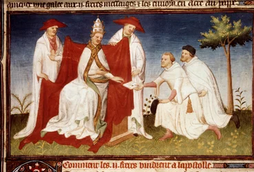 Los hermanos Nicolo y Matteo Polo, tío y padre de Marco Polo (1254-1324) entregan al Papa Gregorio X una carta de Qubilai (Kubilai Khan, primer emperador de la dinastía mongola Yuan (1215-1294). Miniatura tomada de "El Libro de las Maravillas"