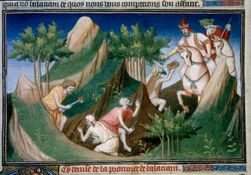 Extracción de rubíes de la montaña de Sighinan por orden del rey de Badakhchan. Miniatura tomada de “El Libro de las Maravillas” (Devisement of the World, Il Milione) de Marco Polo, ilustrado por el Maestro de