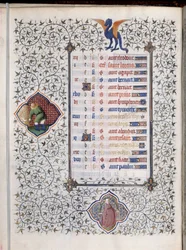 Página de manuscrito “Les Tres Riches Heures du Duc François de Guise” decorada con signos del zodiaco y representación de trabajos agrícolas, la cosecha. Miniatura del Maestro de Boucicaut