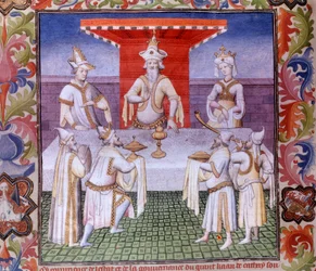 Escena de comida en la mesa del Gran Khan en la Tierra de Cathay. Miniatura en "El Libro de las Maravillas" ("Devisement of the World", "Il Milione"), manuscrito fr.2810 (folio 136) iluminado por el Maestro de Boucicaut y escrito por Marco Polo