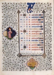 Página del manuscrito Les Très Riches Heures del Duque Francisco de Guisa iluminado por el Maestro de Boucicaut: representación de los signos del zodiaco y escenas de la vida diaria: el león. Siglo XV. Museo Condé, Chantilly