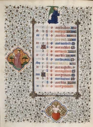 Página del manuscrito "Les Tres Riches Hours du Duke Francois de Guise" iluminado por el Maestro de Boucicaut: representación de signos del zodiaco y escenas de la vida cotidiana: gemas. Siglo XV. Museo Condé, Chantilly