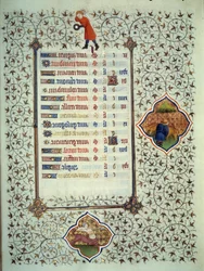 Página del manuscrito "Les Tres Riches Hours du Duke Francois de Guise" iluminado por el Maestro de Boucicaut: representación de los signos del zodiaco y escenas de la vida diaria: el sagitario y un criador de ganado. Siglo XV. Museo Condé, Chantilly