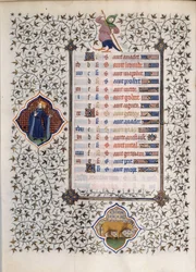 Página del manuscrito "Les Tres Riches Hours du Duke Francois de Guise" iluminado por el Maestro de Boucicaut: representación de los signos del zodiaco y escenas de la vida cotidiana: el toro. Siglo XV. Museo Condé, Chantilly