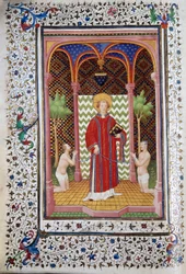 Representación de San Leonardo (siglo VI), ermitaño de Limousin, liberando a dos prisioneros. Página del manuscrito “Les Tres Riches Heures du Duc François de Guise” iluminado por el Maestro de Boucicaut. Siglo XV. Museo Condé, Chantilly