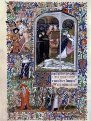Escena de ceremonia fúnebre y danza macabra. Miniatura del Libro de horas para el uso de París iluminada por el Atelier du Maitre d Boucicaut, aproximadamente 1415. París, B.N.