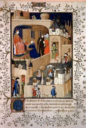 El aventurero político Pedro el Frutero, llamado Salmon, ofrece su manuscrito al rey Carlos VI (1368-1422). Miniatura de "Respuestas a Carlos VI y Lamentaciones" de Pierre Salmon iluminada por el taller del Maestro de Boucicaut (siglo XV) 1409