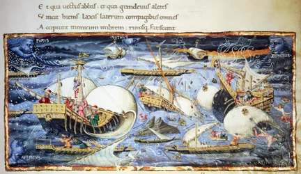 Veleros, ilustración para la Eneida, poema épico de Virgilio (70-19 a.C.), miniatura atribuida a Apollonio di Giovanni (1415-1465)