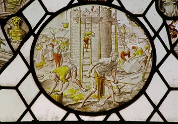 Medallón con la construcción de la Torre de Babel (vidriera)