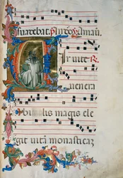 Inicial iluminada con la figura de San Romualdo (Corale 8, c. 76), para el libro de coro 8 de Santa Maria degli Angeli