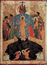 El descenso al infierno. Episodio de la Resurrección, inmediatamente después de su muerte, Cristo descendió a las puertas del reino de los muertos (limbo) donde las almas vegetan mientras esperan la visión beatífica, para liberar las almas de los judíos.