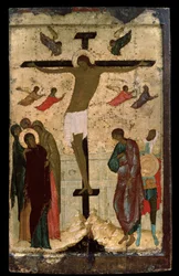 Icono ruso "La Crucifixión". Pintura sobre madera de Dionisio (Dionisy o Dionisius el Sabio) (ca. 1450-ca. 1508) 1500 Galería Estatal Tretyakov, Moscú