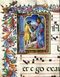 Letra decorada que representa la tentación de Cristo. Miniatura de Liberale da Verona (1445-1529) de un coro (Cod. 20/5. c.45v) de la catedral de Siena. Siglo XV. Catedral (Duomo) de Siena, Italia