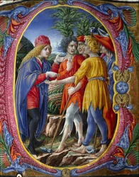 Letra decorada que representa la parábola de los viñadores asesinos (Evangelio según San Mateo Mt 21, 33-43) (La Parábola de los Viñadores) Miniatura de Liberale da Verona (1445-1529) de un coro (Cod. 20/5. c.2.) de la Catedral de Siena. Siglo XV