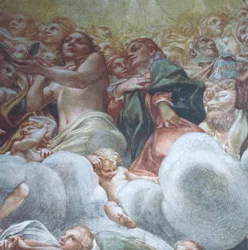 Figura de Eva (detalle) de la Asunción de la Virgen en el Cielo, por Antonio Allegri Da Correggio (1489-1534), fresco, Cúpula de la Catedral de Parma, Italia