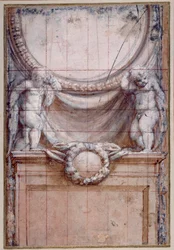 Dos putti sosteniendo un medallón en blanco