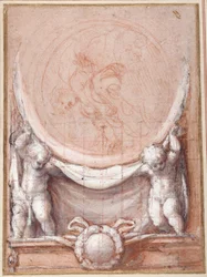 Dos putti sosteniendo un medallón en el que se representa a Cristo en las nubes