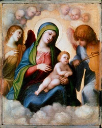Virgen y Niño rodeados de dos ángeles y querubines. Pintura de Allegri Antonio dit Il Correggio (El Correggio)
