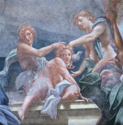 Jóvenes en el balcón, por Antonio Allegri Da Correggio (detalle)