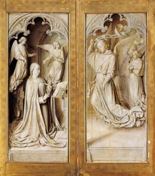 Anunciación en grisalla, alas exteriores del tríptico del retablo (ca 1489-1502) por el Maestro de Moulins, en la Catedral de Notre-Dame, Moulins, Francia