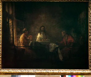 Los peregrinos de Emaús. Cristo aparece a los peregrinos sentados en una mesa en una posada en Emaús. Pintura del taller de Harmensz van Rijn dit Rembrandt (1606-1669)