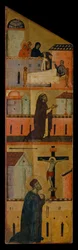 Díptico del Beato Andrea Gallerani: Las santas mujeres se aparecen a San Reginaldo, Domingo reza por la curación de San Reginaldo y Gallerani reza ante la cruz, interior panel izquierdo, c.1270 (pintura sobre madera)