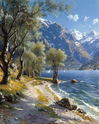 Paisaje de montaña y bosque con un lago tranquilo, impresiones artísticas en línea