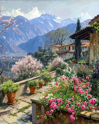 Un hermoso pueblo rodeado de flores primaverales en un paisaje montañoso
